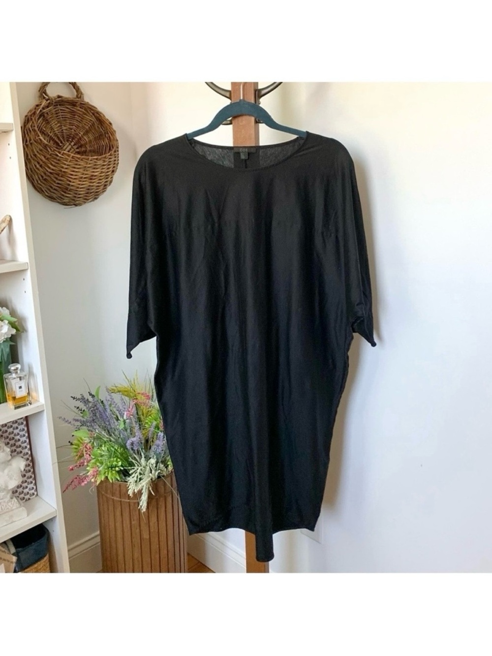 COS Chic Black Cotton Oversized bat wing sleeve lagenlook boho mini dress